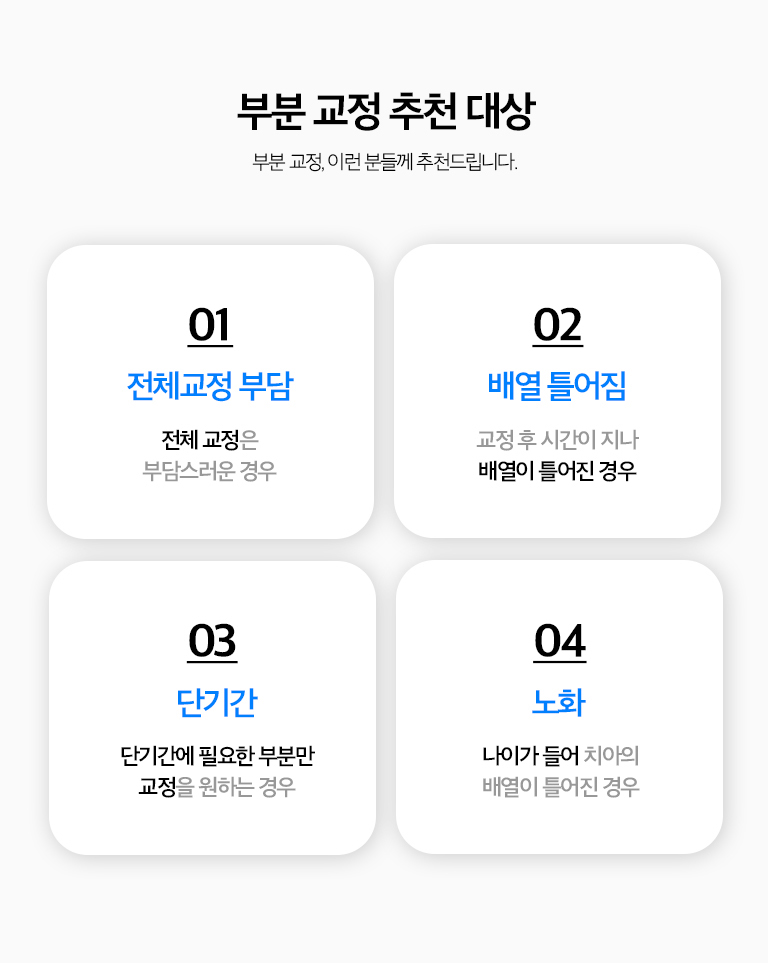 수원 부분교정 상세 안내 - 전체교정이 필요한 경우 - 어금니 교합 문제, 심한 공간 부족, 돌출입, 턱 관계 문제처럼 전체 치열의 조정이 필요한 경우에는 부분교정만으로 목표를 이루기 어렵습니다.